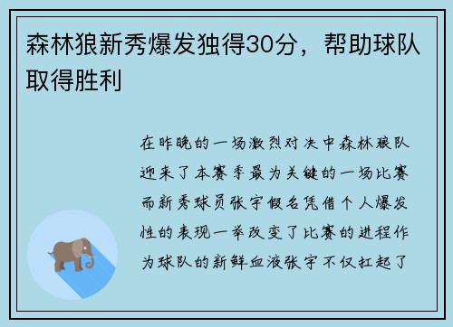 森林狼新秀爆发独得30分，帮助球队取得胜利